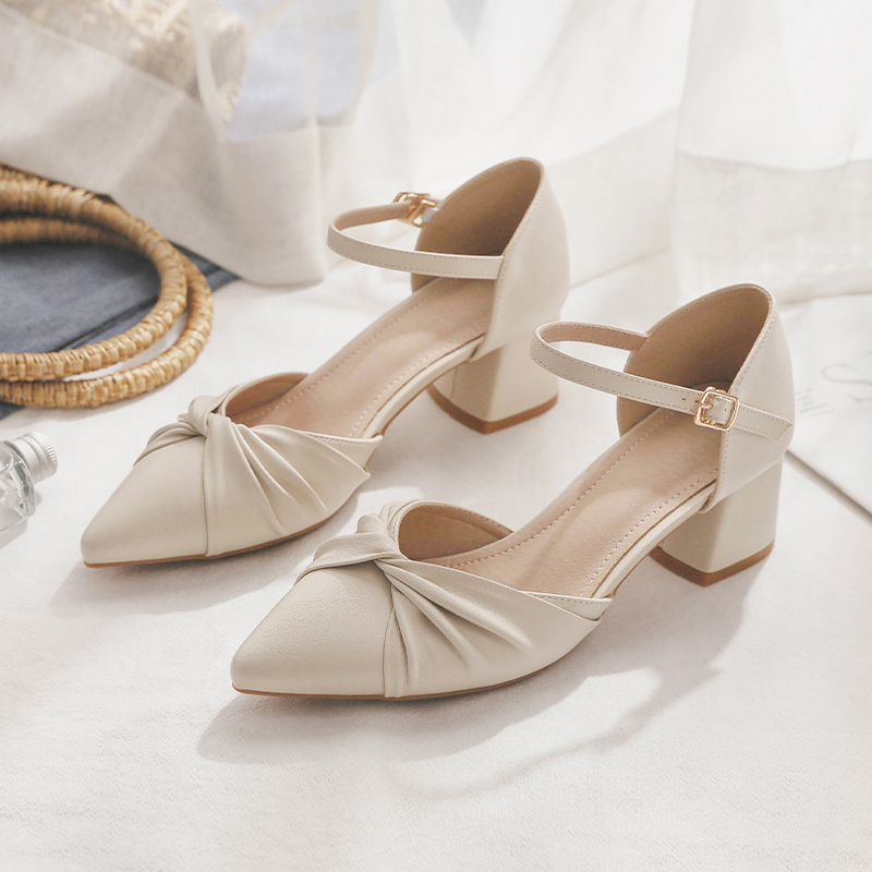 Sheepskin Mary Jane Shoes - Pointed Toe Chunky Heel Closed-Toe Sandals for Women - Fairy Style Spring 2025 Summer Footwear