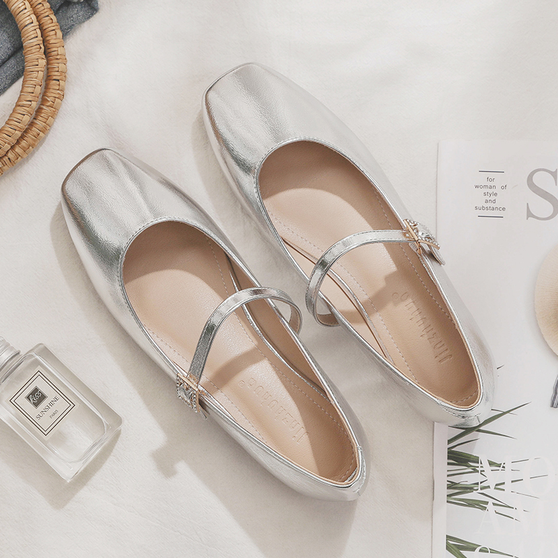 Sheepskin Mary Jane Shoes for Women - Spring Fairy Style Shallow Mouth Flat Loafers in Silver, Perfect for Skirts