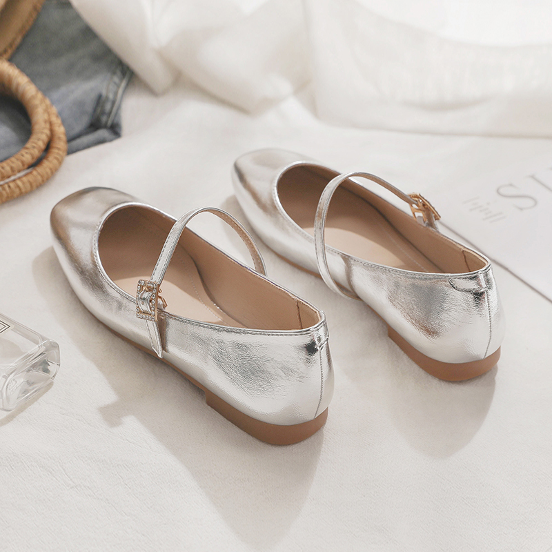 Sheepskin Mary Jane Shoes for Women - Spring Fairy Style Shallow Mouth Flat Loafers in Silver, Perfect for Skirts