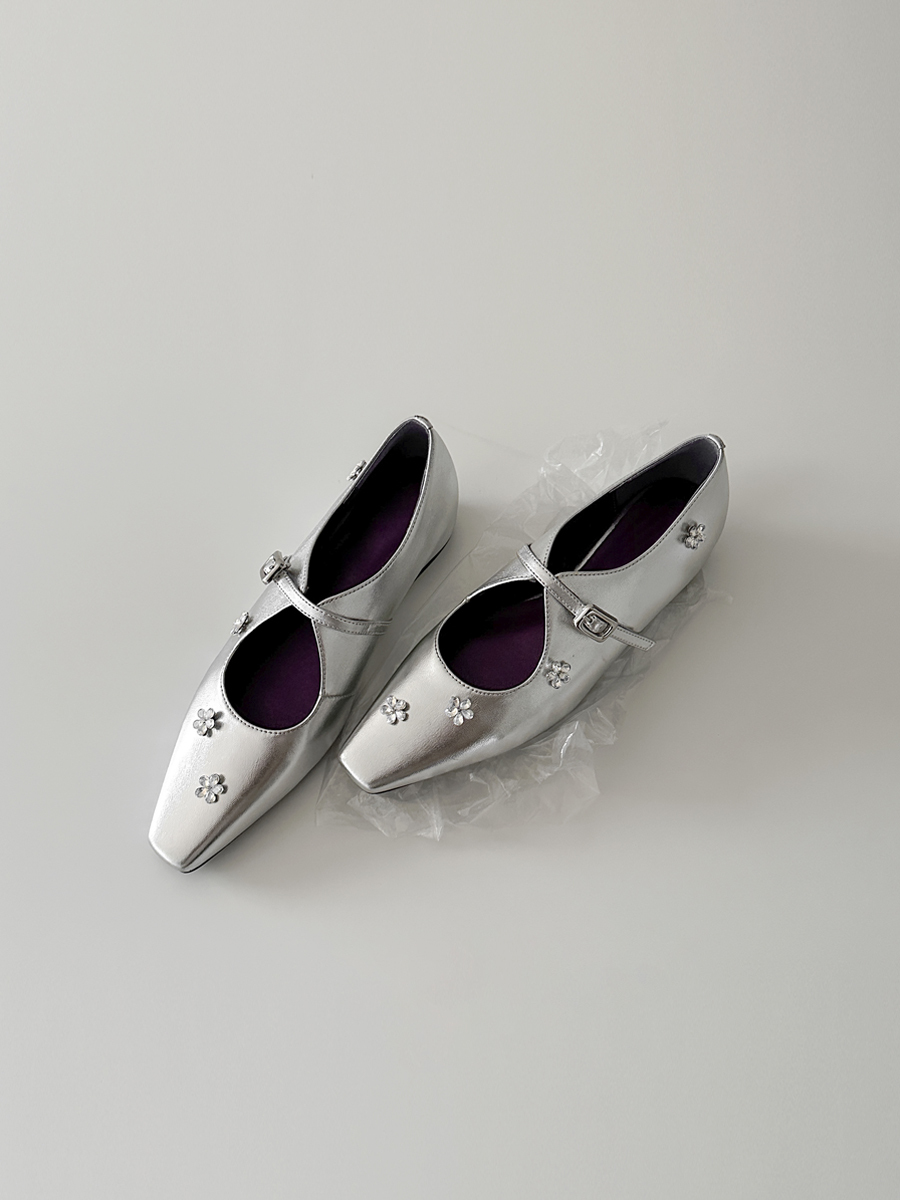 Sheepskin Mary Jane Shoes for Women with Silver Strap, Rhinestone Flower Detail, Height-Increasing, Square-Toe Design