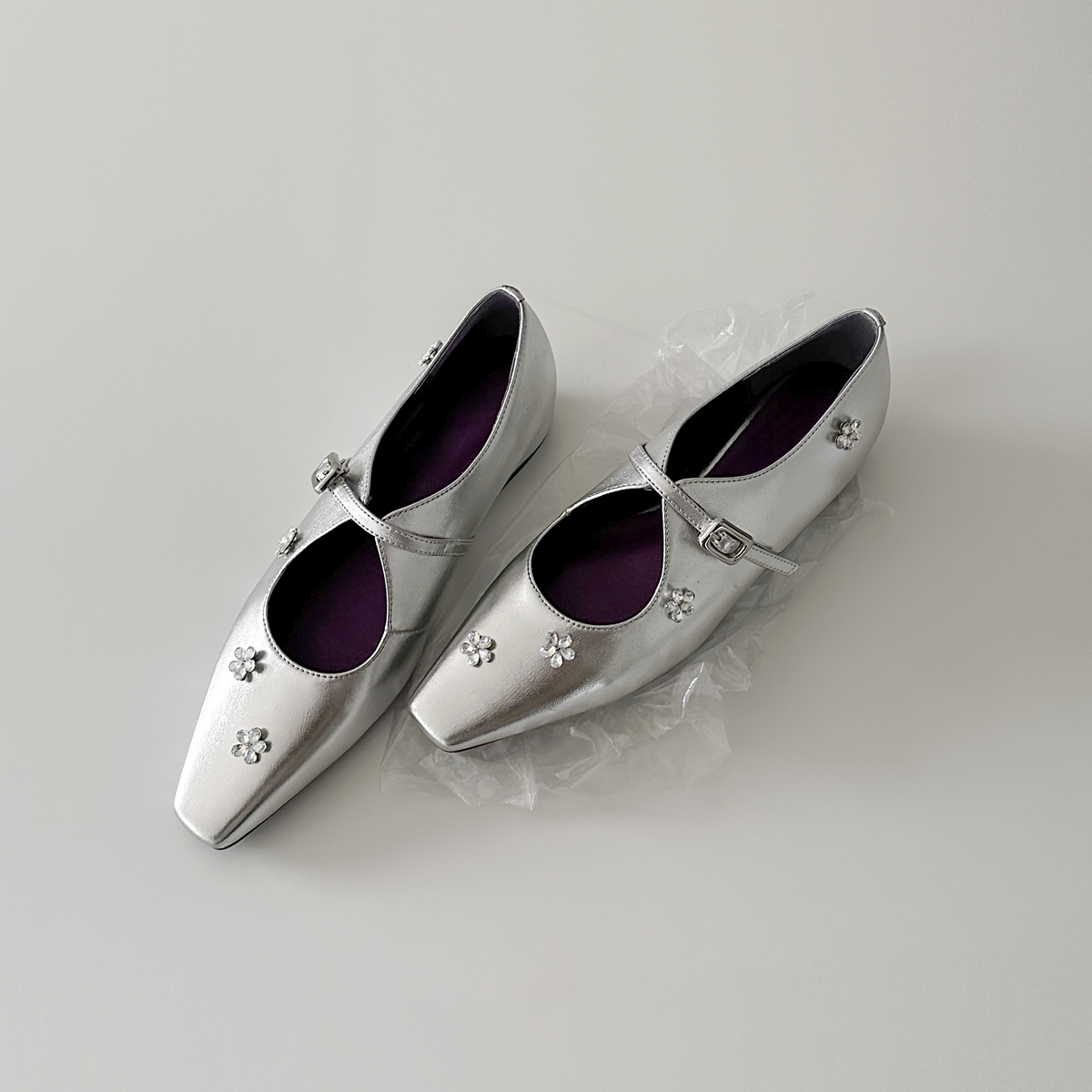 Sheepskin Mary Jane Shoes for Women with Silver Strap, Rhinestone Flower Detail, Height-Increasing, Square-Toe Design