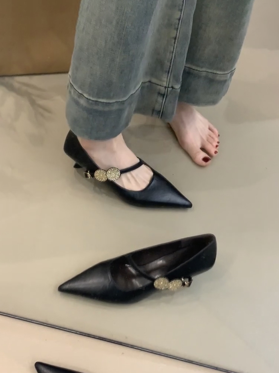 Sheepskin Pointed Toe High-Heeled Shoes with Metal Buckle - French Style Low-Heeled Commuter Shoes for Women