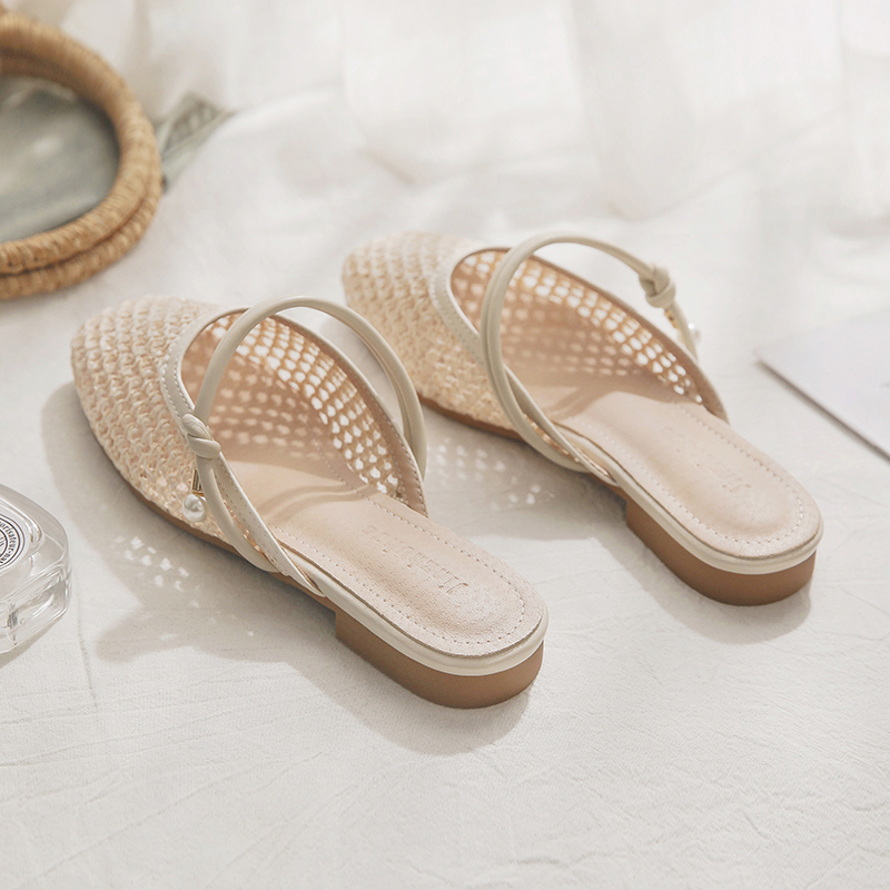 Sheepskin Slip-On French Flat Hollow-Out Half Slippers for Women - Summer Outdoor Style for Skirts and Casual Looks