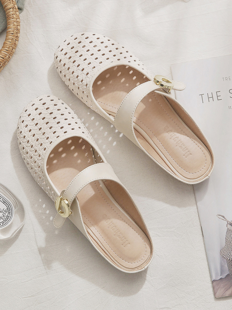Sheepskin Slip-On Hollow-Out French Style Flat Open-Toe Half Slippers for Women - Summer Outdoor Footwear