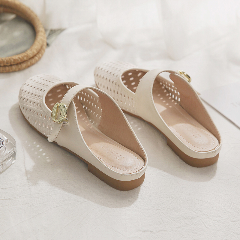 Sheepskin Slip-On Hollow-Out French Style Flat Open-Toe Half Slippers for Women - Summer Outdoor Footwear