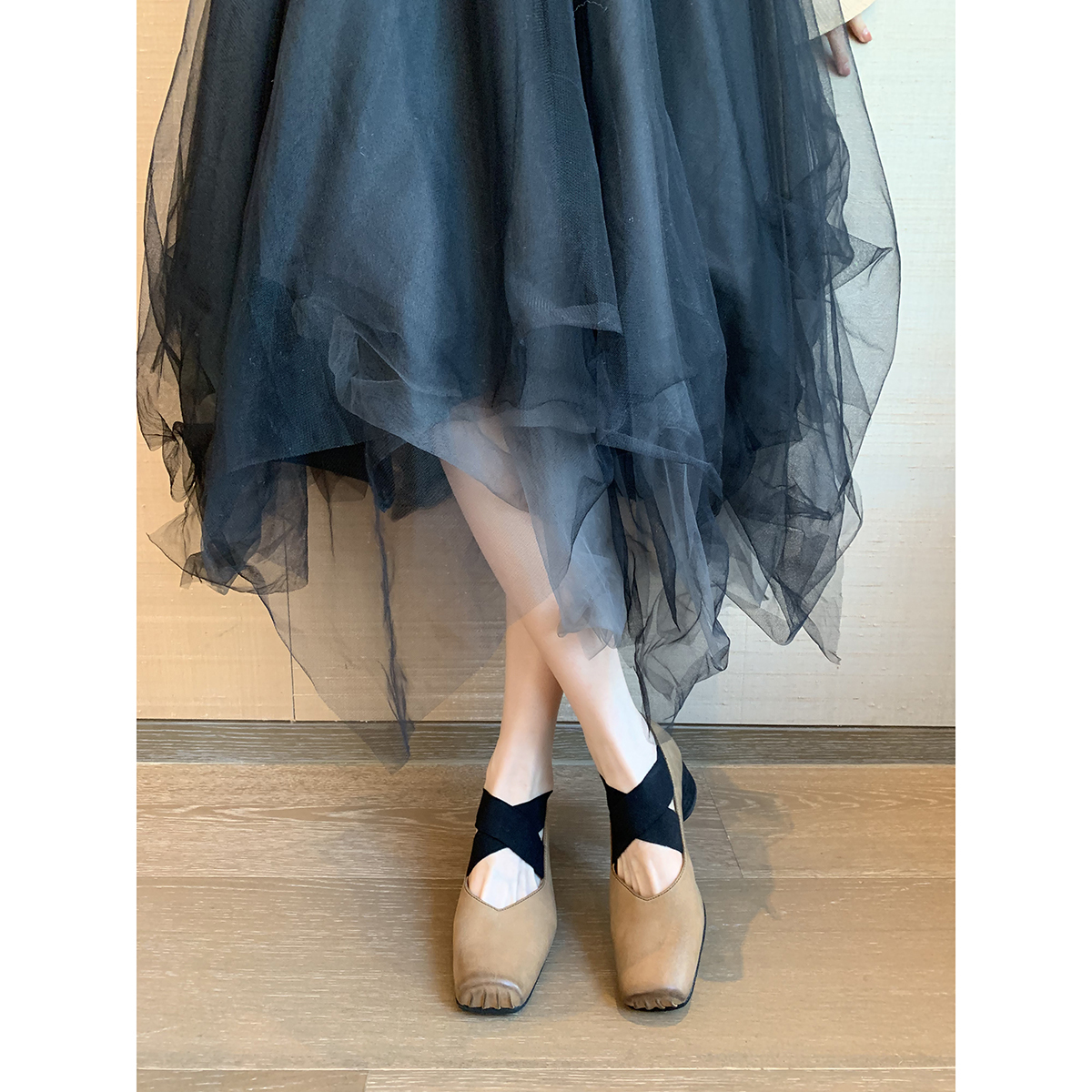 Sheepskin Square-Toed Ballet Shoes for Women, Cross-Strap Pig-Nose Retro Flat Chunky Heel Loafers