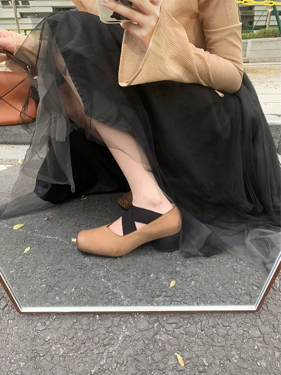 Sheepskin Square-Toed Ballet Shoes for Women, Cross-Strap Pig-Nose Retro Flat Chunky Heel Loafers