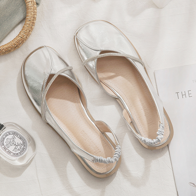 Silver Open-Toe Sheepskin Flat Evening Shoes for Women - Stylish Summer Sandals, Perfect for Outdoor Wear 2025