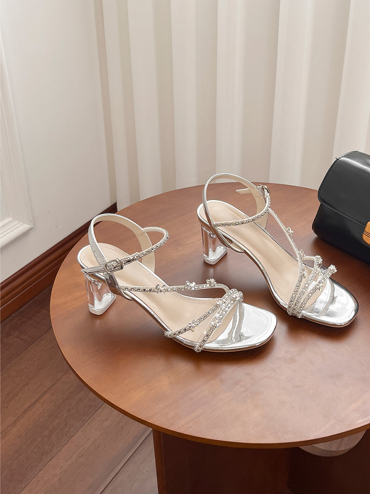 Silver Rhinestone One-Strap High Heels for Women, Transparent Crystal Design, French Style, Perfect for Skirts and Chic Outfits