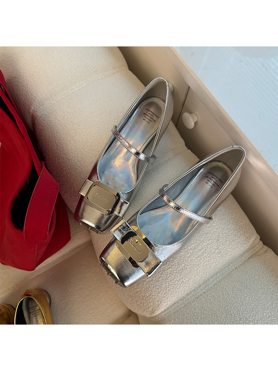 Silver Sheepskin Square-Toed Ballet Flats for Women with Metal Buckle and Bow - French Retro Mary Jane Style