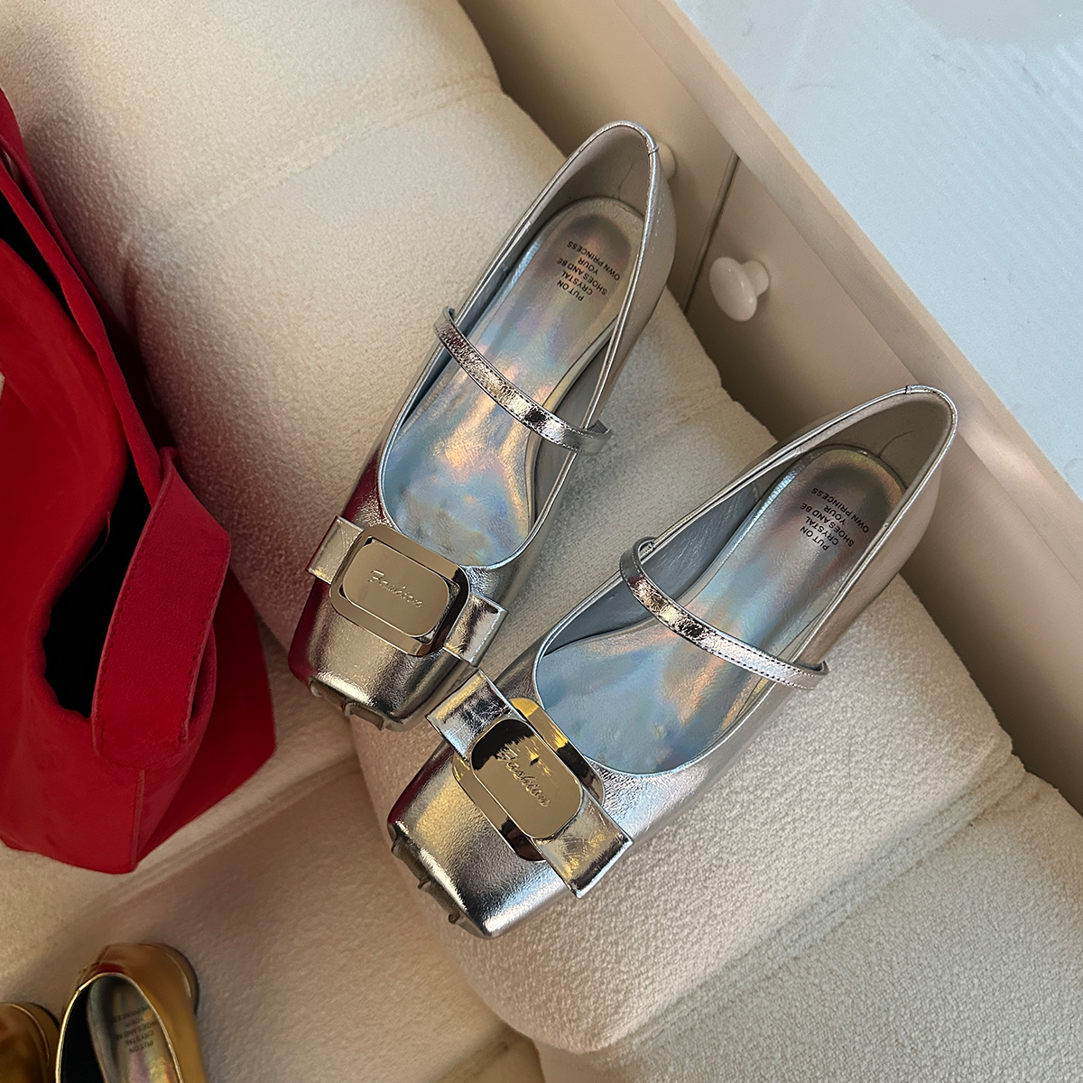 Silver Sheepskin Square-Toed Ballet Flats for Women with Metal Buckle and Bow - French Retro Mary Jane Style
