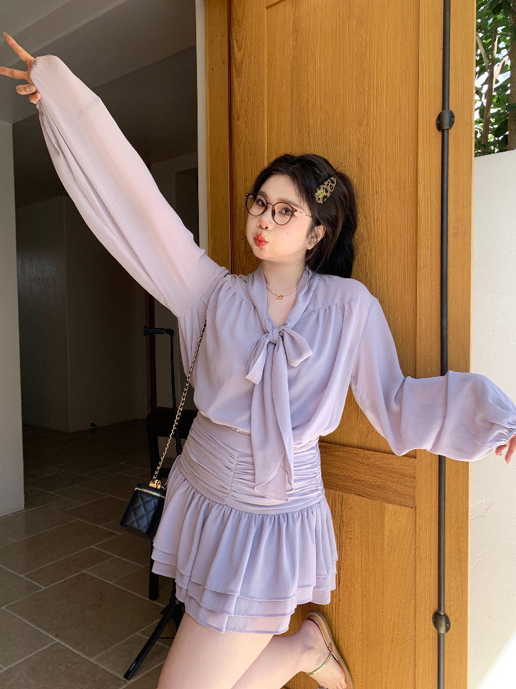 Slightly Chubby Purple Mist Aesthetics Shirt Set with Suspender Half Skirt and Bow Tie Ribbons – Y2K Aesthetic Fashion