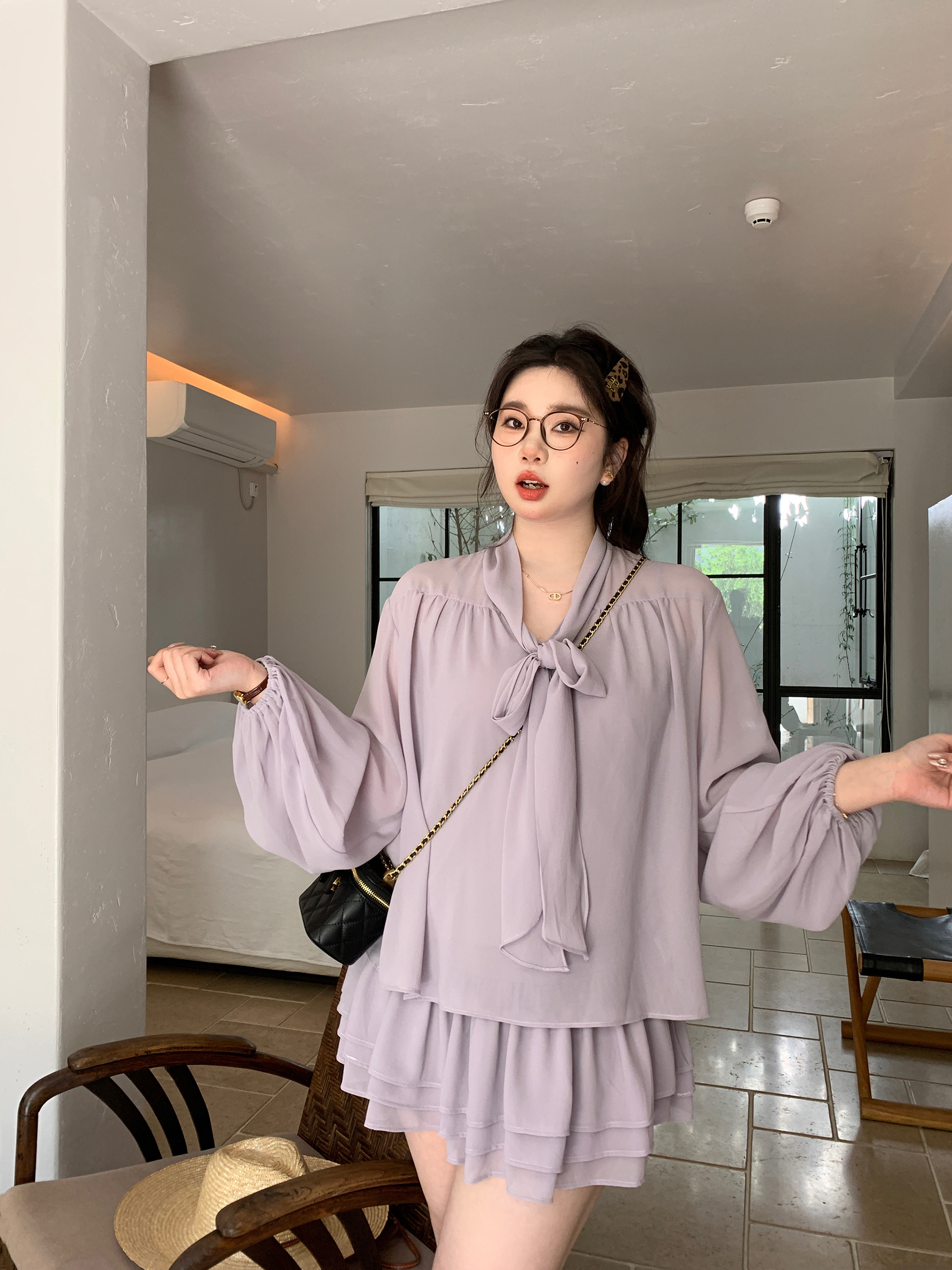 Slightly Chubby Purple Mist Aesthetics Shirt Set with Suspender Half Skirt and Bow Tie Ribbons – Y2K Aesthetic Fashion