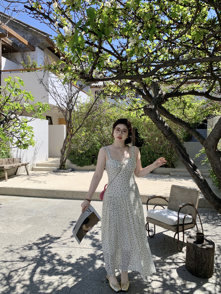 Slightly Chubby Summer Sweetness Backless Spaghetti Strap Dress in French Polka Dot - Plus Size Long Beach Vacation Dress