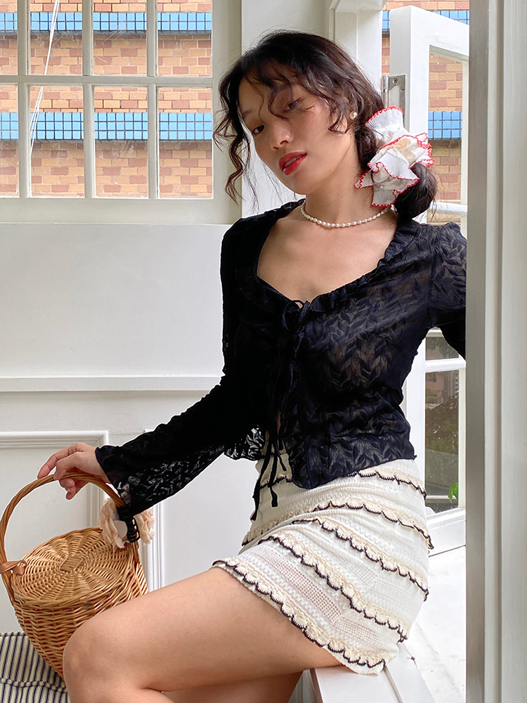 Slightly Sheer French Lace V-Neck Tie Cardigan for Women - Summer Sun Protection, Lightweight, Chic Layering Piece