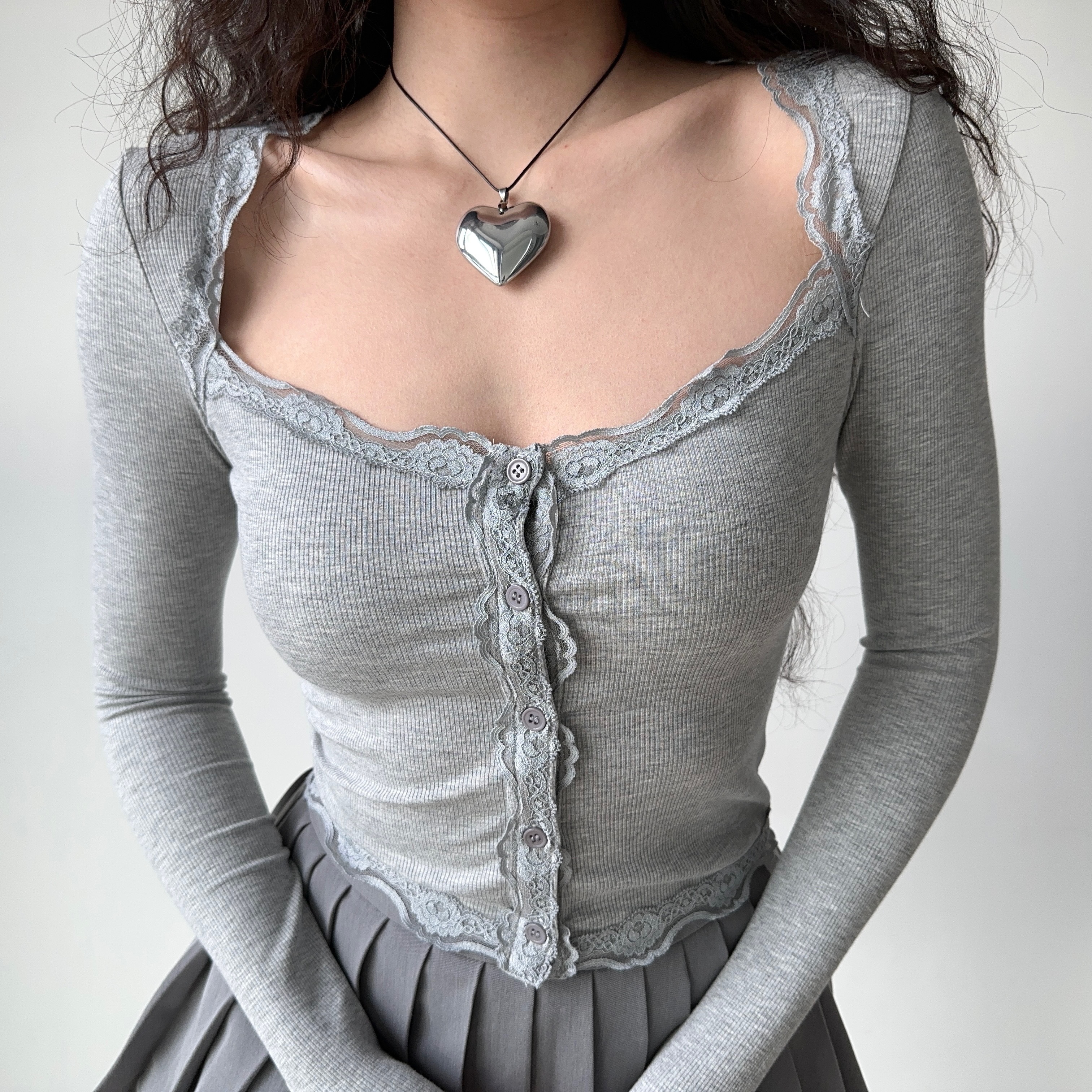 Slim Fit Lace Trim Long Sleeve Knitted Cardigan - Women's European American Style, Casual Chic Top for 90s Y2K Inspired Fashion