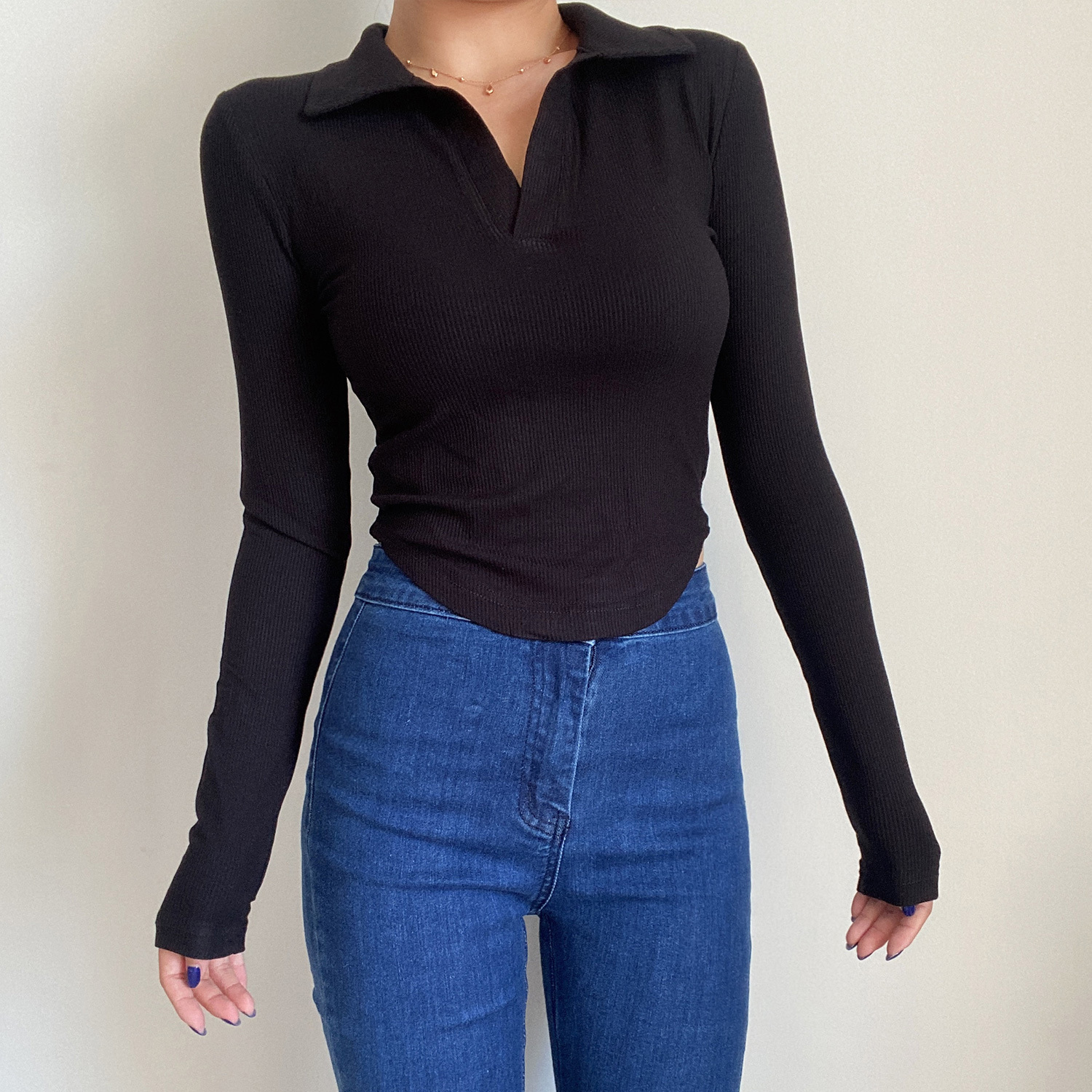 Slim Fit Long Sleeve V-Neck T-Shirt Top - Simple Solid Color Basic for Women - Sexy European & American Style Fashion Essential