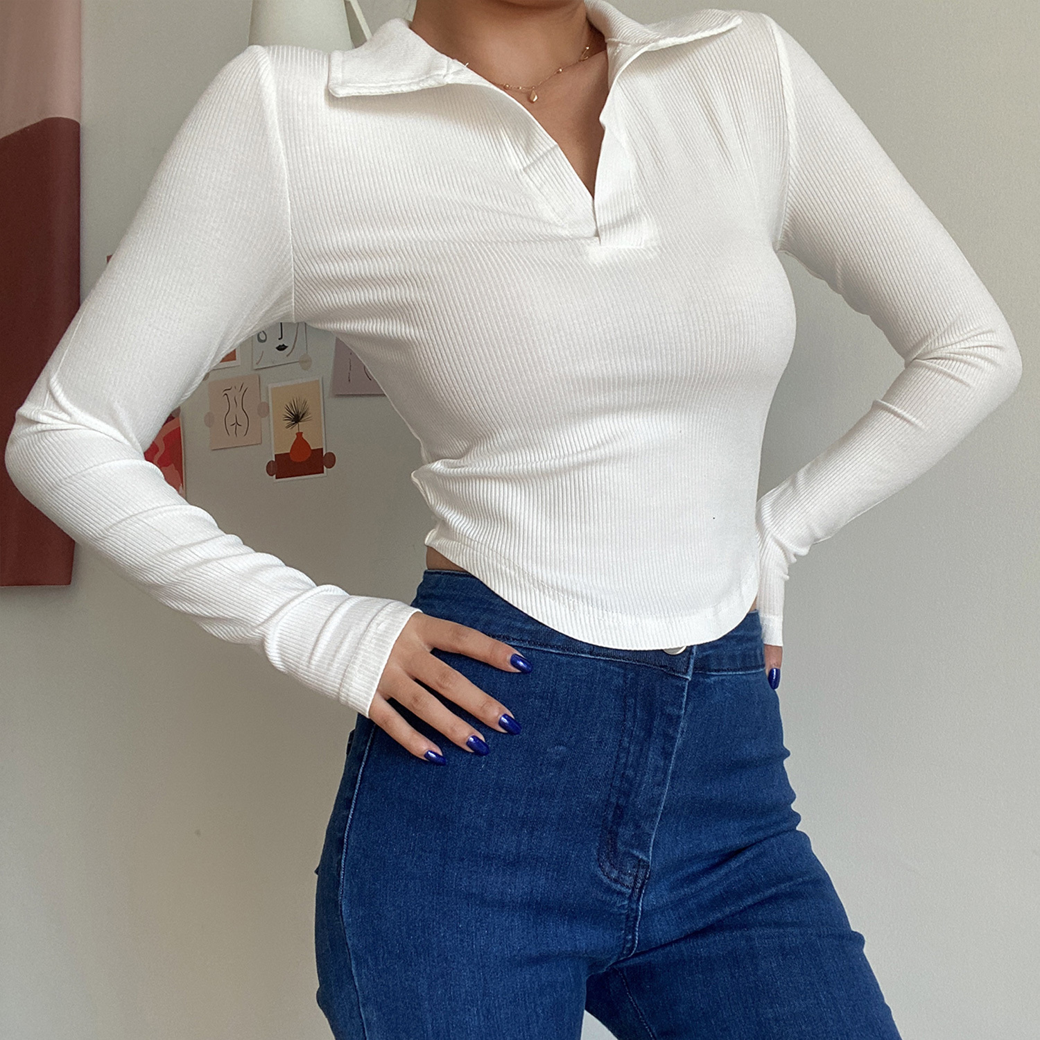Slim Fit Long Sleeve V-Neck T-Shirt Top - Simple Solid Color Basic for Women - Sexy European & American Style Fashion Essential