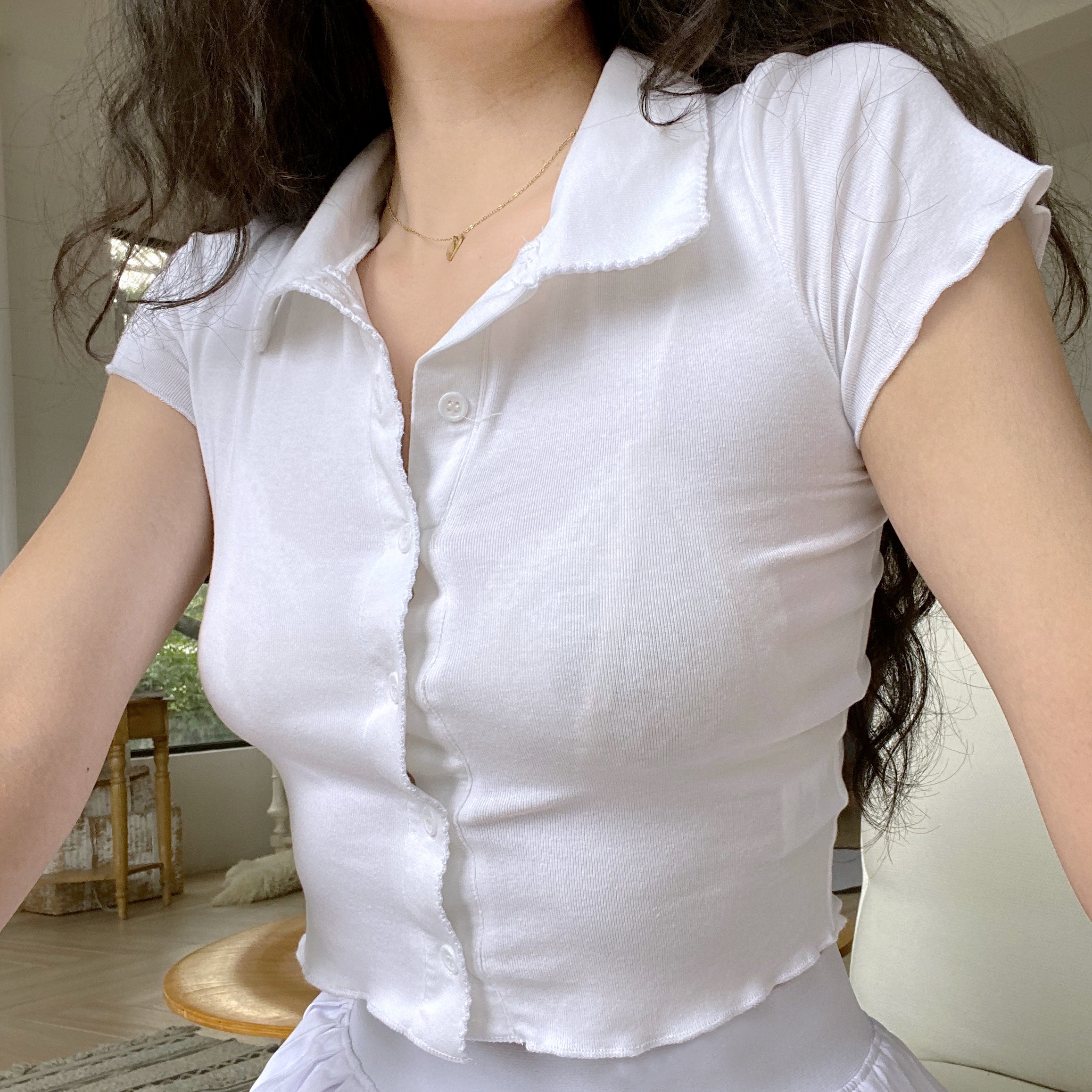 Slim-Fit Polo Collar Knitted Short-Sleeve T-Shirt for Women with Lace Cardigan - European American Minimalist Style