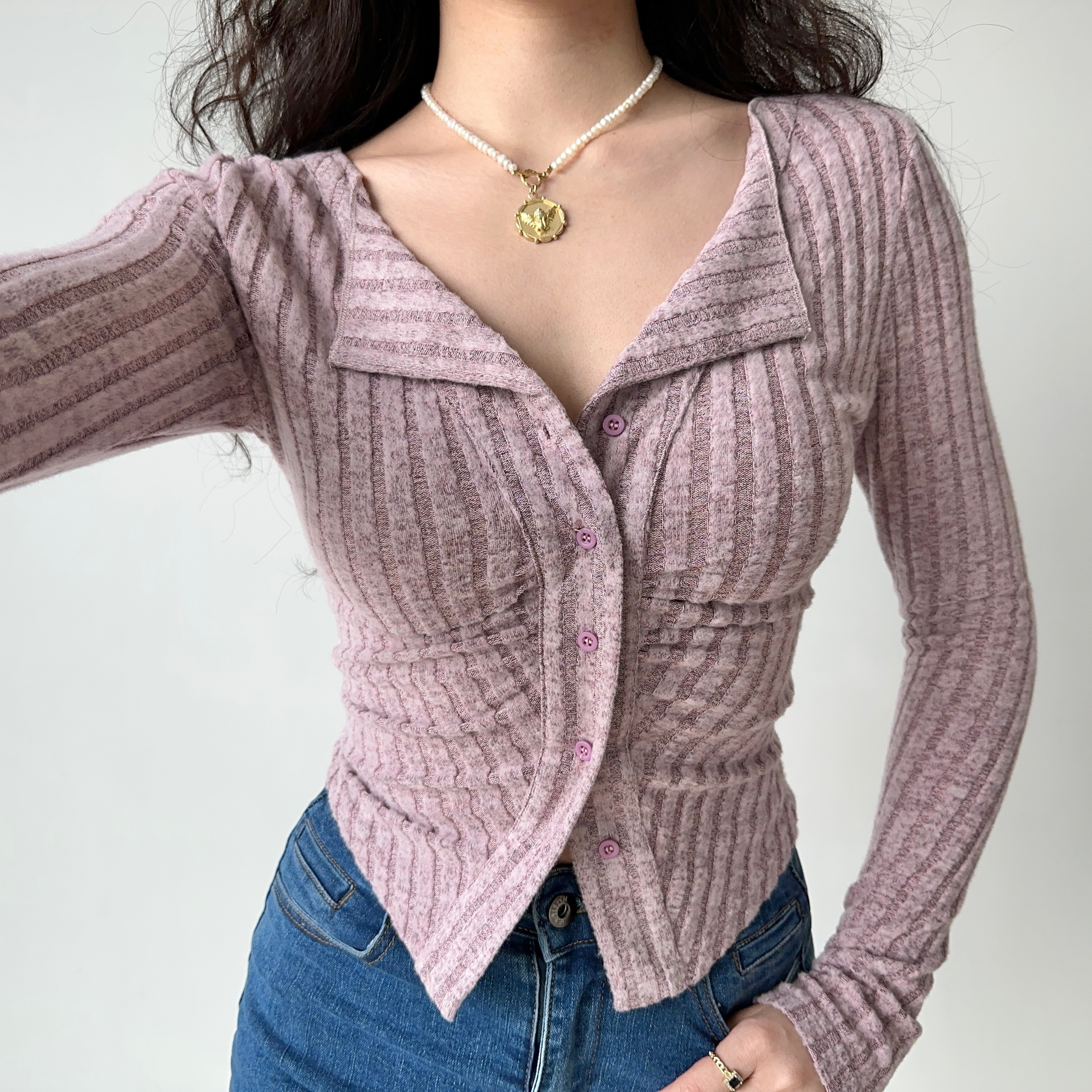 Slim Fit Retro Ribbed Long Sleeve Knitted Cardigan for Women - European and American Style, Flattering Stretchy Top