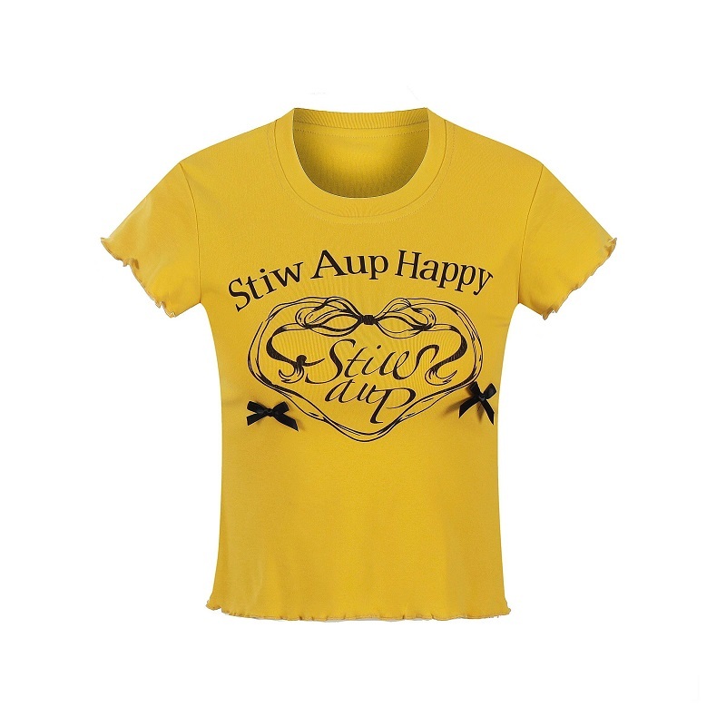 Slim Fit Short Sleeve T-Shirt with Letter Print and Bow Detail - Limited Time Discount Fashion Top for Stylish Outfits
