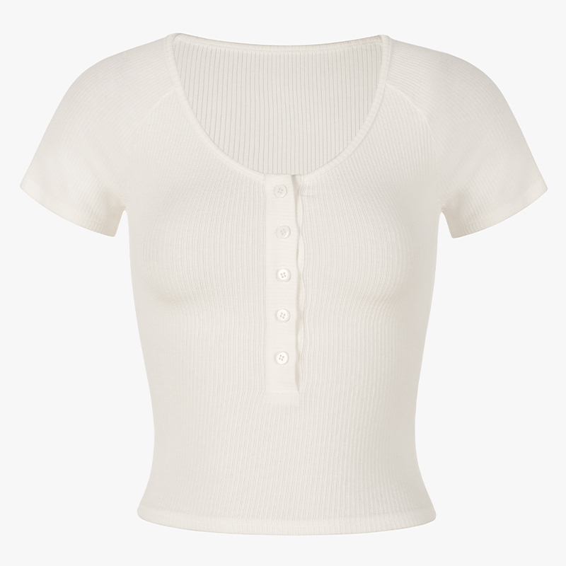 Slim-Fit White Knitted T-Shirt for Women, Short Sleeve with Button Detail, French Style, Chest-Highlighting Design
