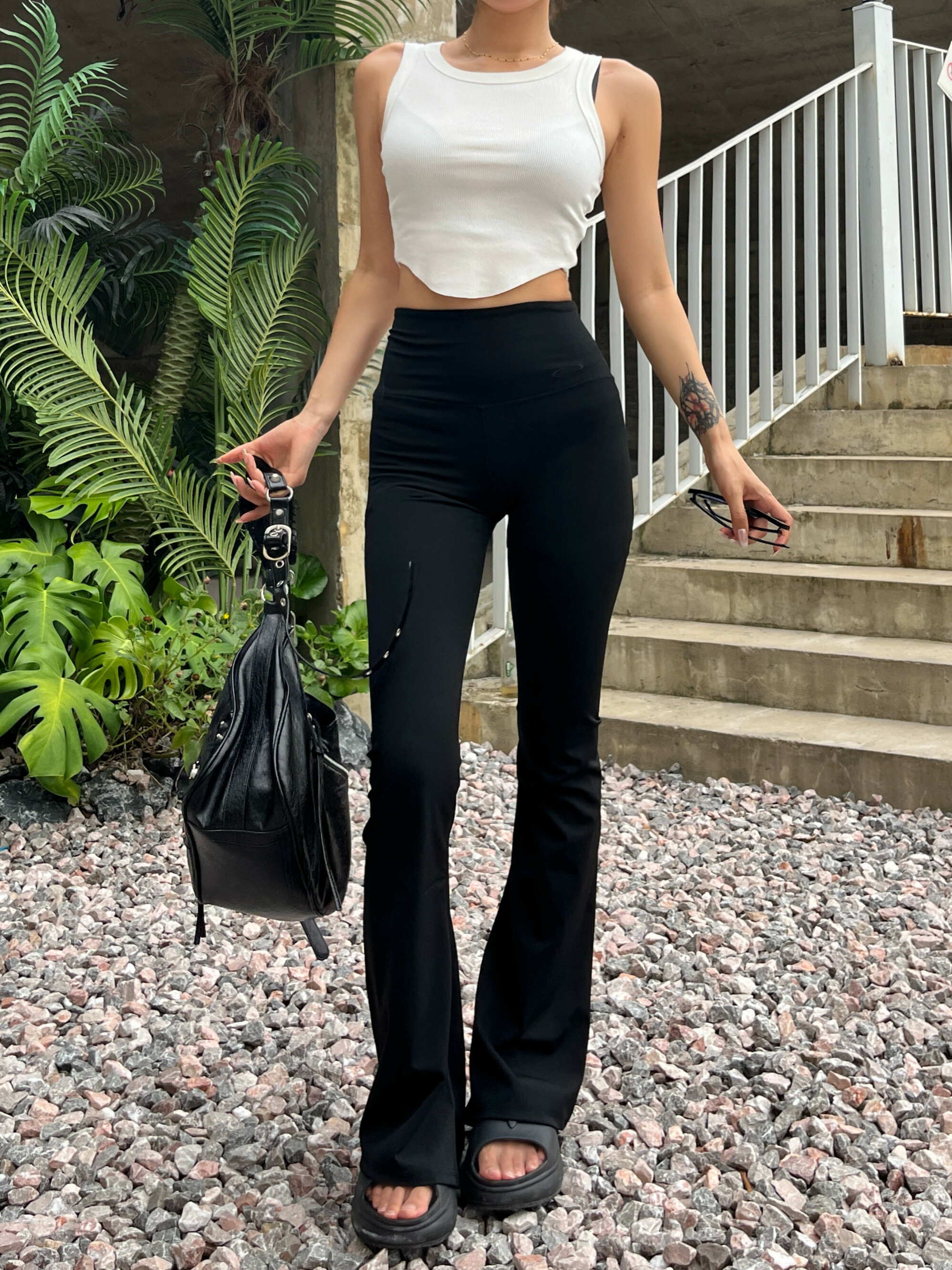 Slimming Black High-Waisted Flared Pants for Women - Stretchy Butt-Lifting Base Layer Leggings, Y2K Style