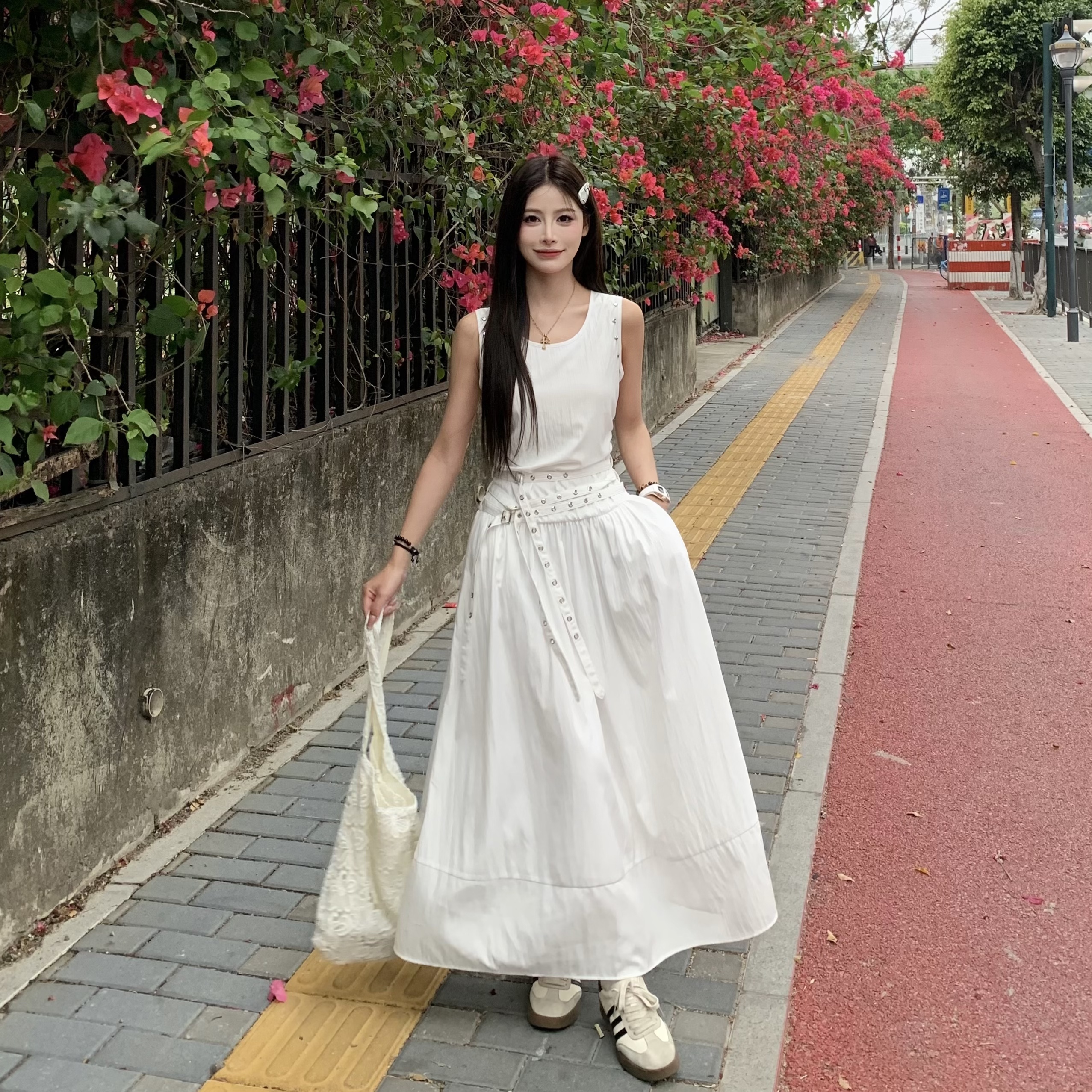 Slimming Studded Waist Belt Dress for Women - White Sleeveless Tank Dress with Long Skirt - Elegant Temperament Style
