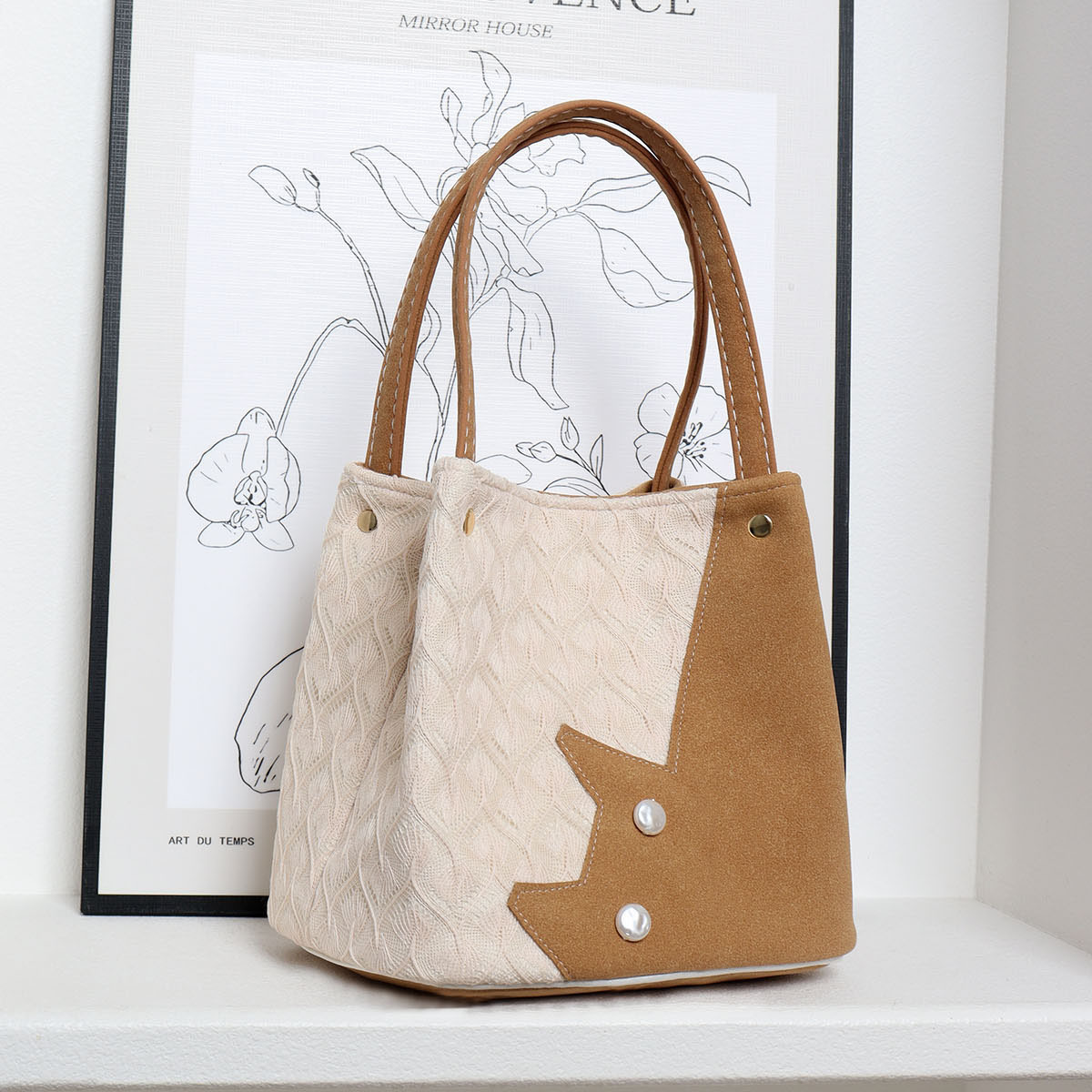 Small Square Hand-Held Vegetable Basket Bag - Cute Color-Blocking Cat Design - Handmade Textured Crossbody Bag for Spring/Summer Fashion