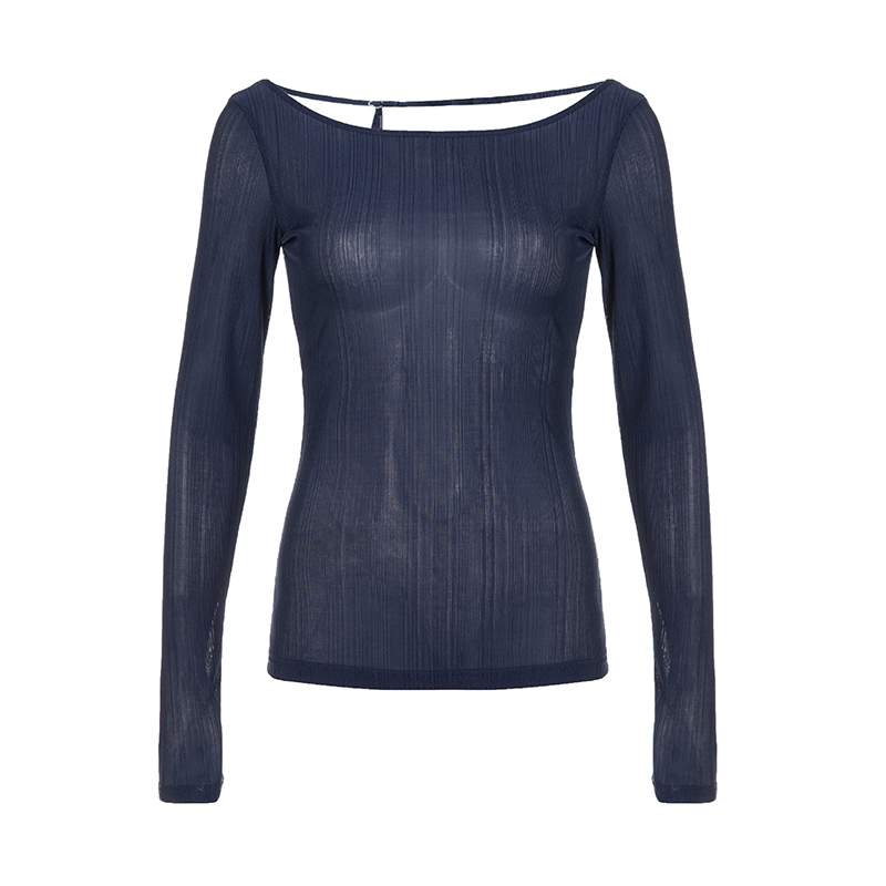 Smog Blue Lace-Up Backless Slim-Fit Thin Knit Top for Women - One-Shoulder Long Sleeve Solid Color Shirt, Y2K Style