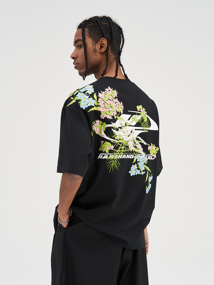 Smoke Gray Short Sleeve T-Shirt with Floral Embroidery - Chinese Style Streetwear for Couples - Trendy 90s Inspired Fashion