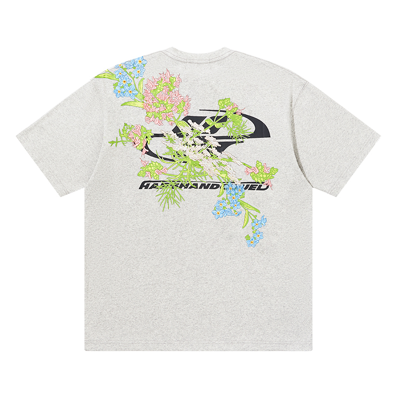 Smoke Gray Short Sleeve T-Shirt with Floral Embroidery - Chinese Style Streetwear for Couples - Trendy 90s Inspired Fashion