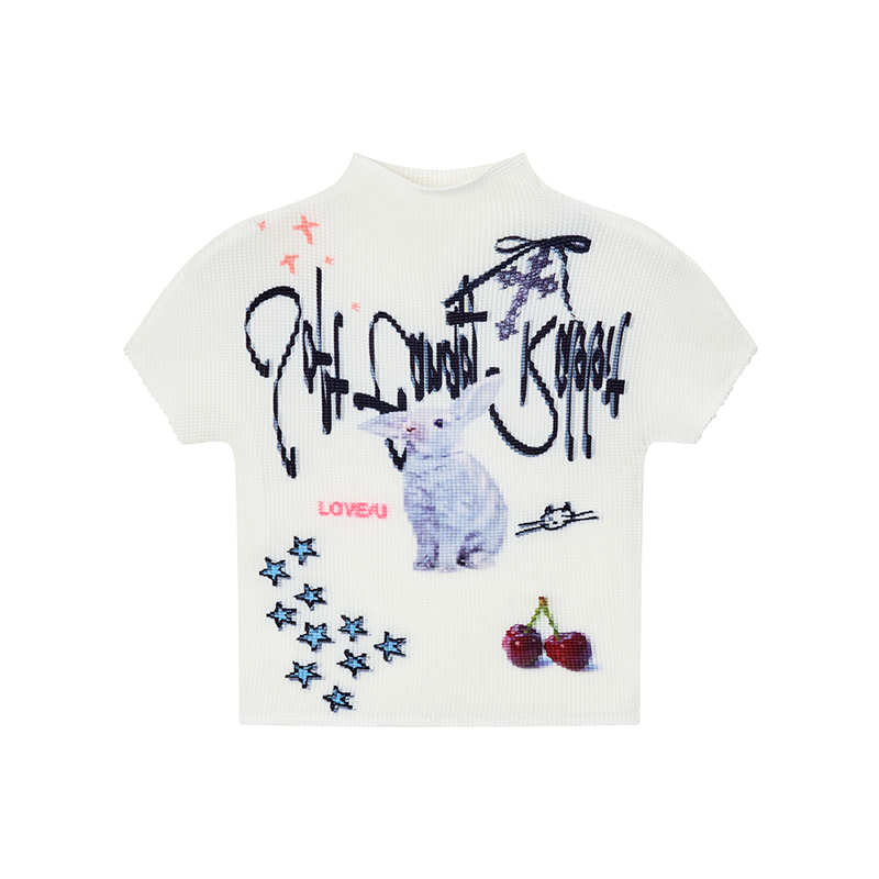 Soft Candy Rabbit Printed Short Sleeve T-Shirt - Elastic Pleated Design, Cute 90s Style Top for a Trendy Look