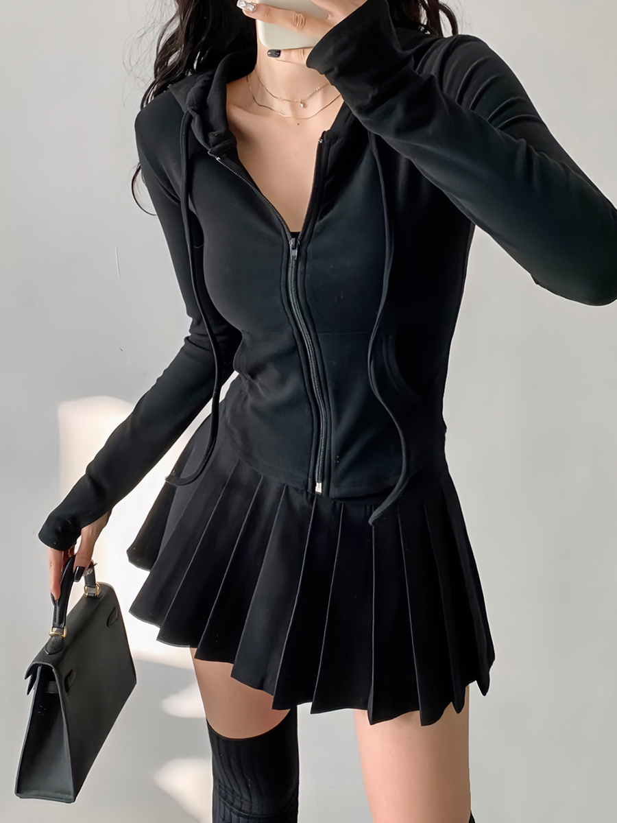 Solid Color Slim Fit Hooded Zip-Up Sweatshirt for Women - Basic Autumn Winter Outerwear, Flattering American Style