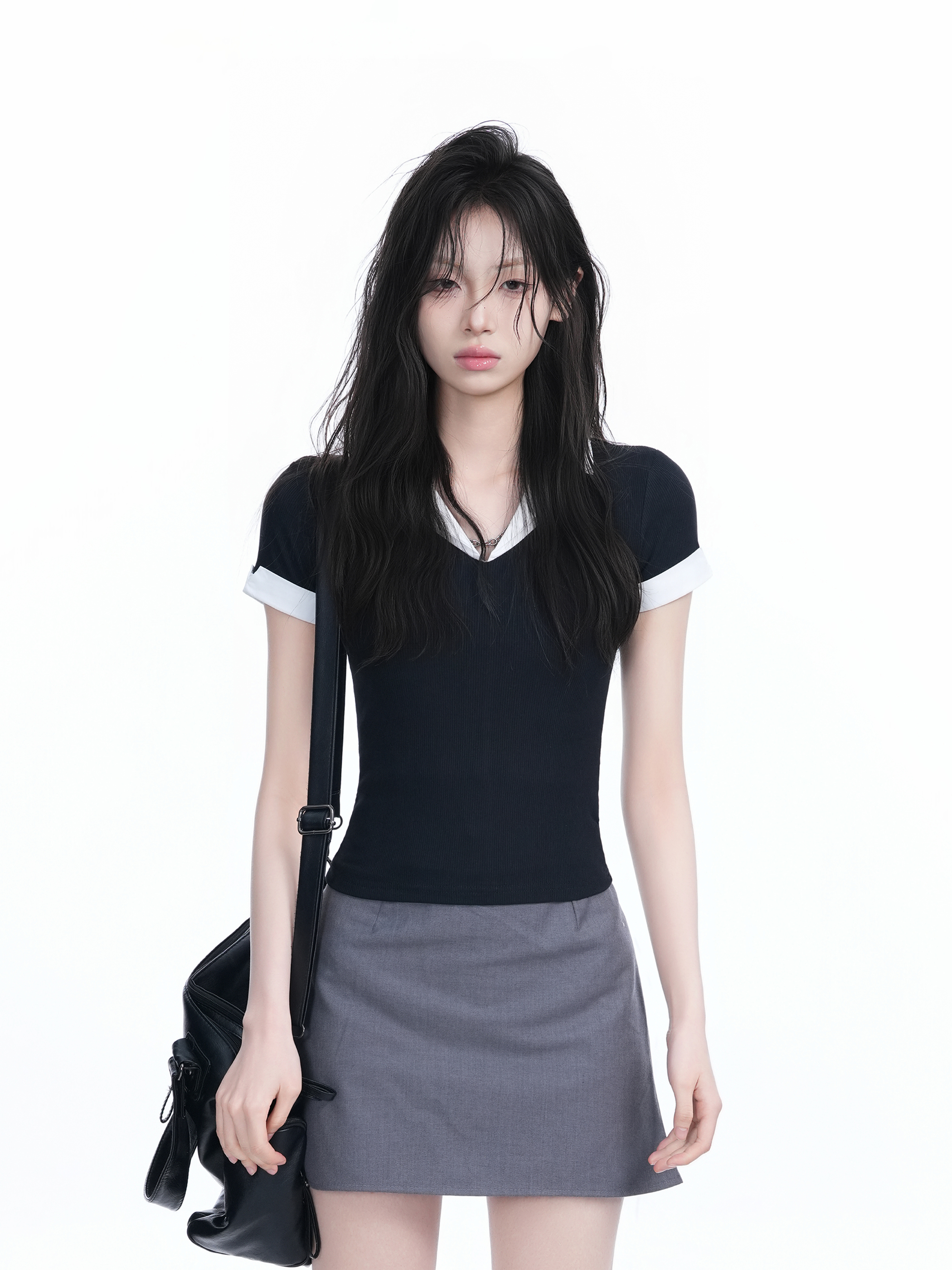 Spicy Girl College Style Fake Two-Piece Lapel Short Sleeve T-Shirt for Women - Fitted Shoulder Top, Trendy Y2K Fashion