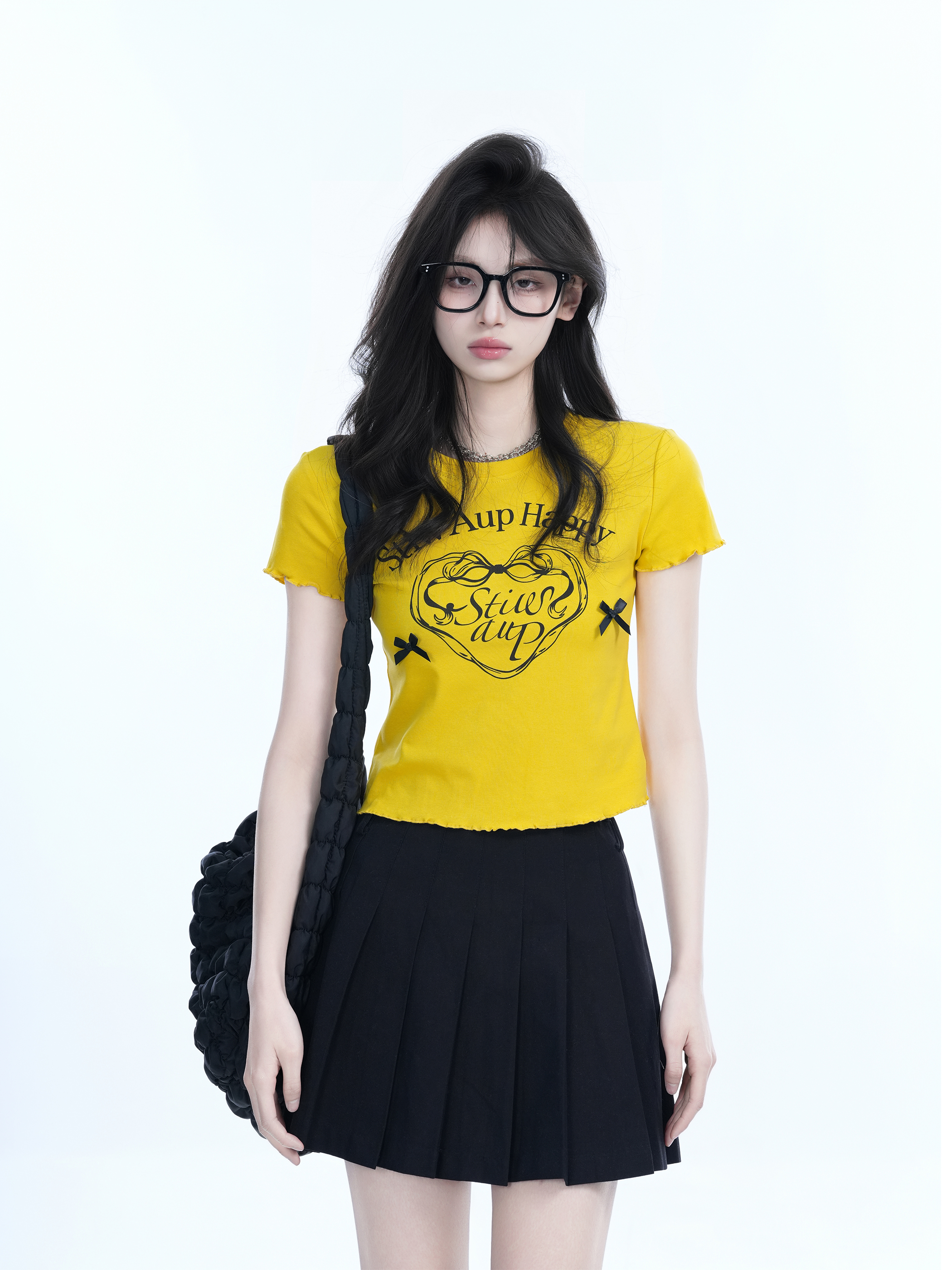Spicy Girl Heart Bow Short Sleeve T-Shirt - American Style Slim Fit Top with Mountain Print - Y2K Fashion
