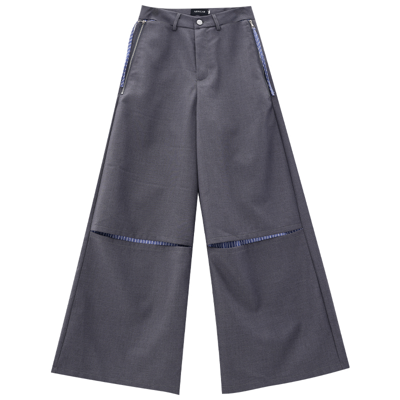 Split Design Spliced Faux Two-Piece Gray Wide-Leg Suit Pants for Women - Loose Straight Cut, Trendy Y2K Style