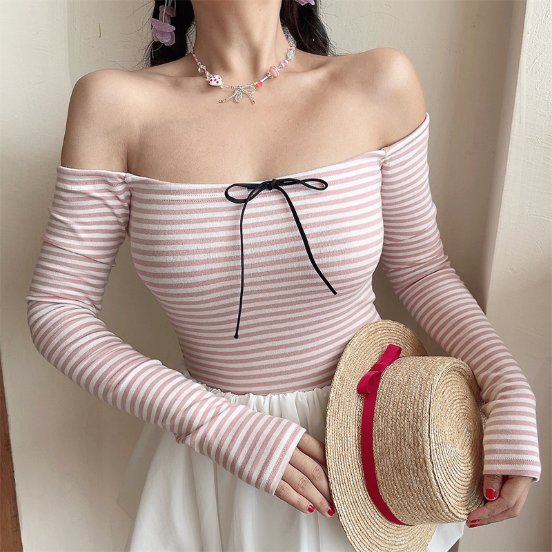 Spring 2025 Sexy One-Shoulder Striped T-Shirt Top with Bow Tie and Drawstring - Trendy Long Sleeve Fashion