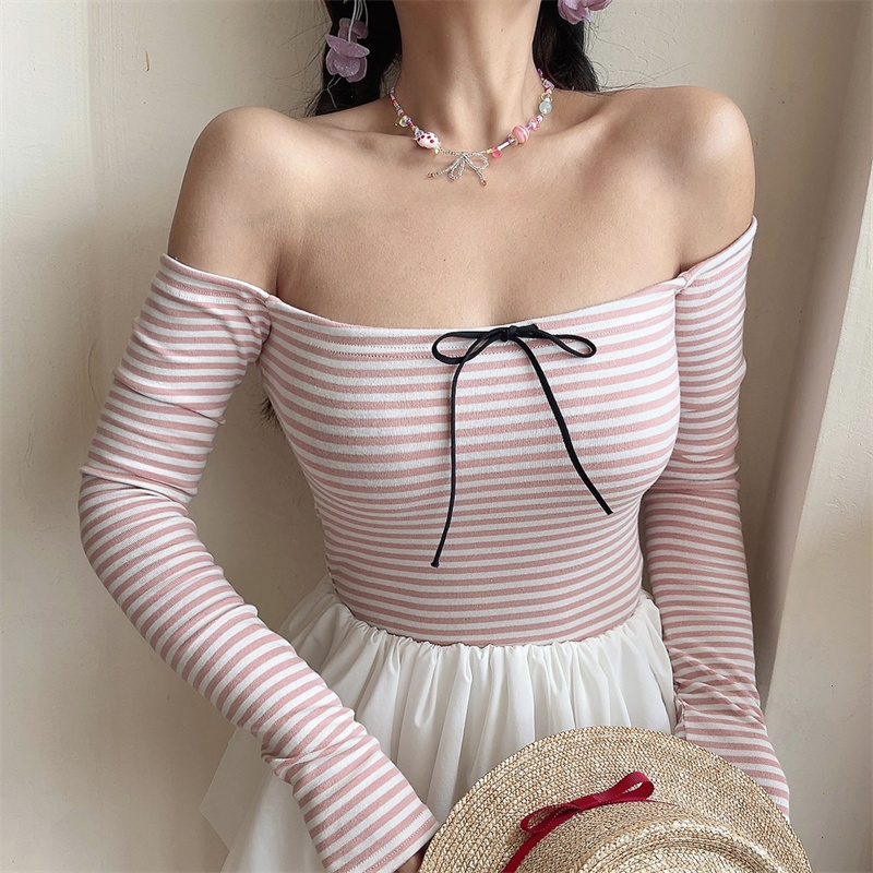 Spring 2025 Sexy One-Shoulder Striped T-Shirt Top with Bow Tie and Drawstring - Trendy Long Sleeve Fashion