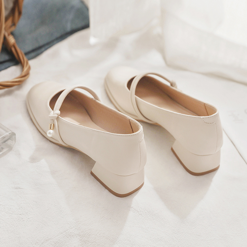 Spring 2025 Women's Sheepskin Chunky Heel Mary Jane Shoes - Low-Heeled Square Toe Single Shoes