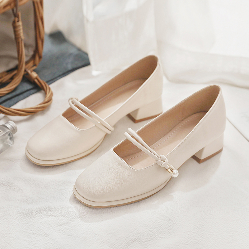 Spring 2025 Women's Sheepskin Chunky Heel Mary Jane Shoes - Low-Heeled Square Toe Single Shoes
