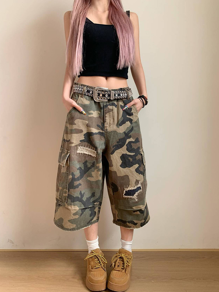 Spring Camouflage Ripped Patch Straight-Cut Three-Quarter Pants for Men and Women - Loose Casual Y2K Style