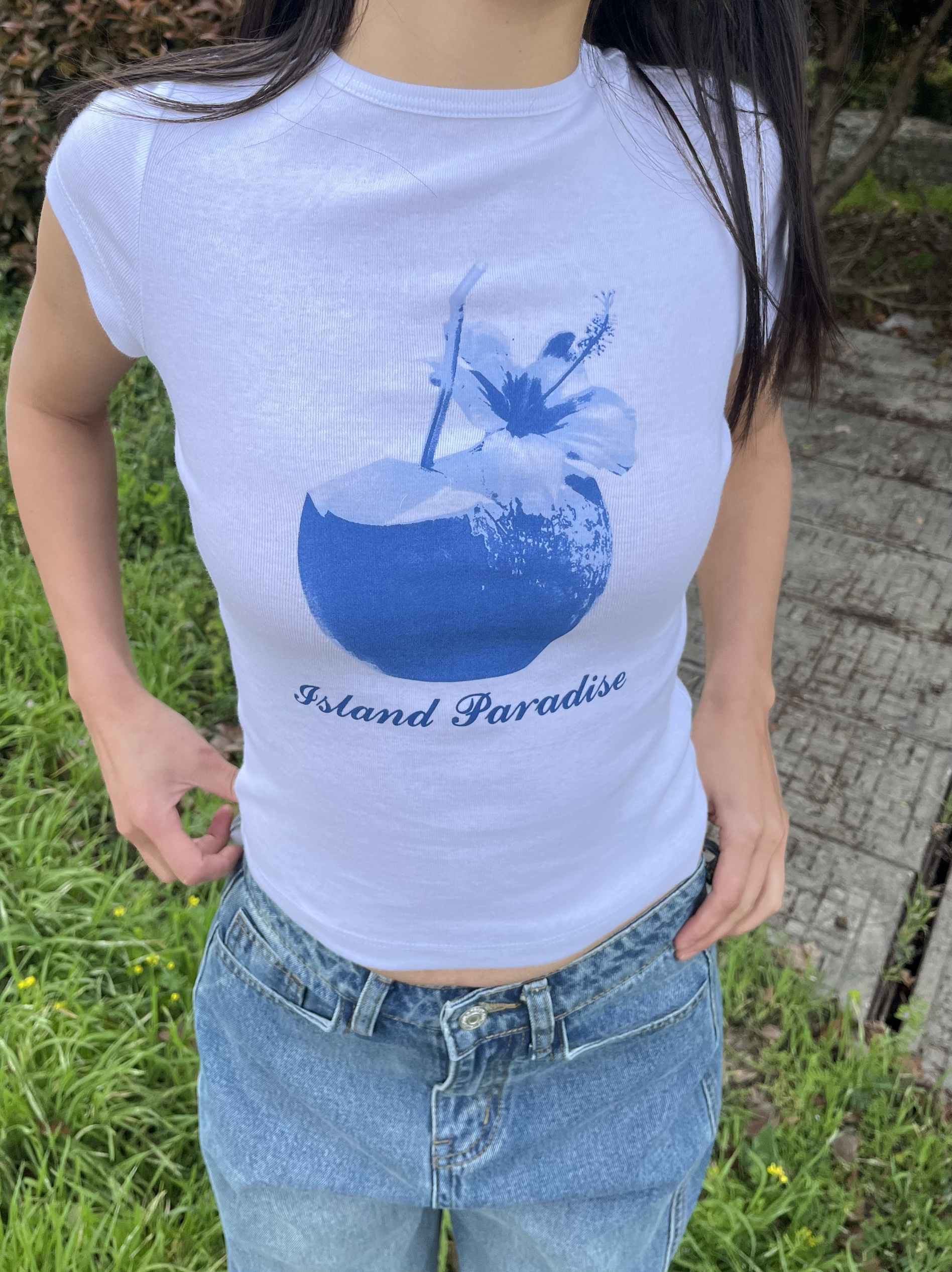 Spring Slim Fit Pure Cotton Short Sleeve T-Shirt for Women - American Style with Island Coconut Print - Versatile Casual Wear