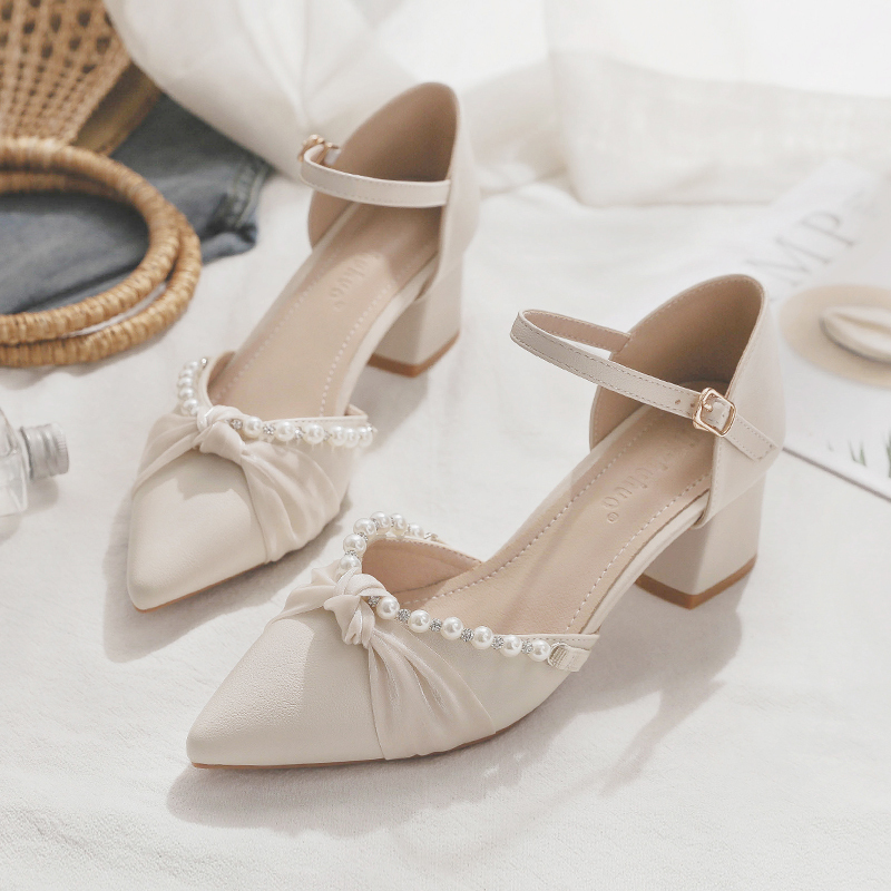 Spring Summer Sheepskin Mary Jane Shoes Chunky High Heel Closed Toe Sandals for Women - Fairy Style Pointed Toe Flats