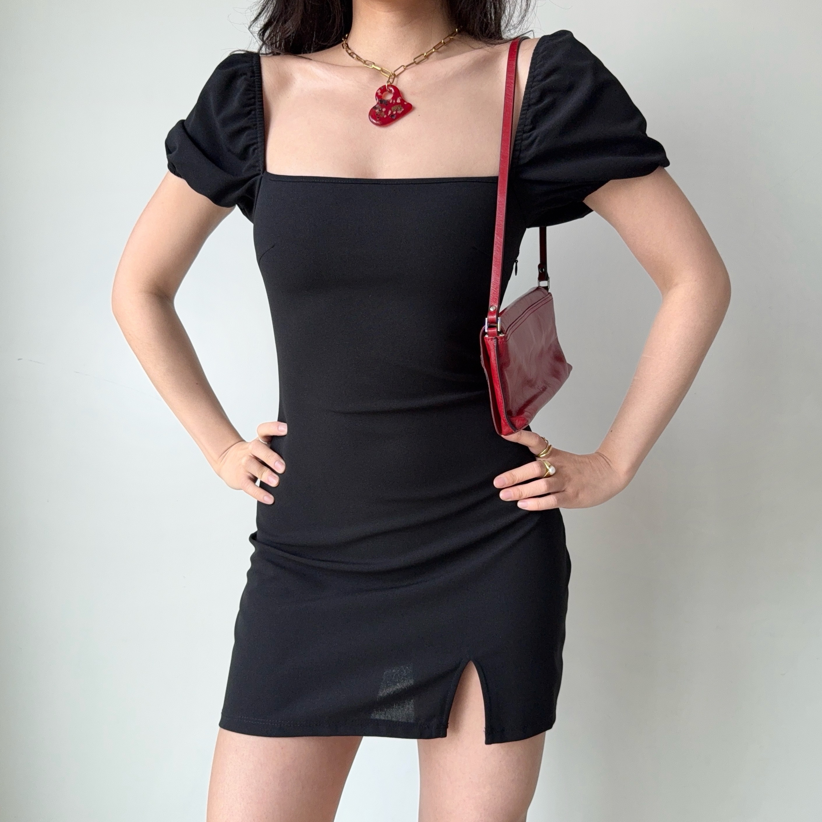 Square Neck Puff Sleeve Bodycon Dress with Split Short Skirt - European & American Style for Women, Trendy and Sexy Fashion