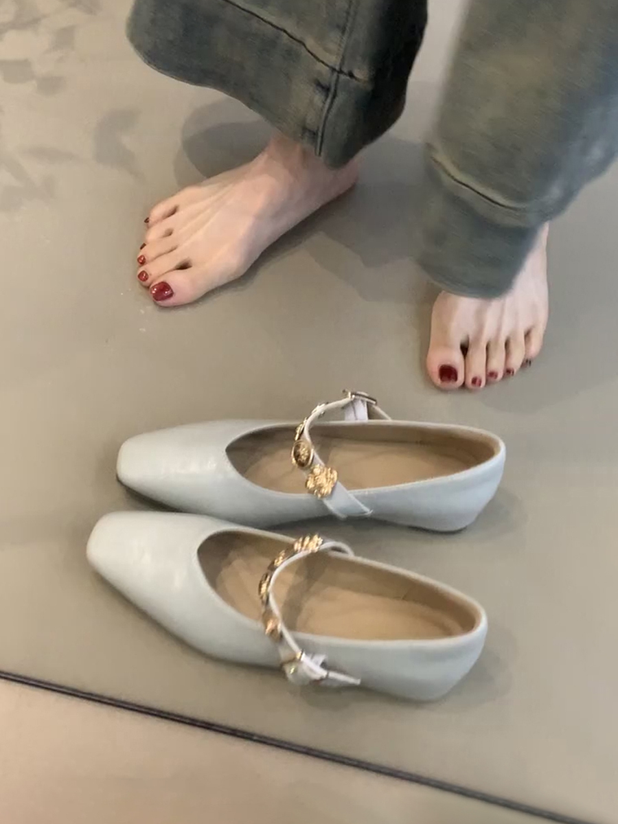Square-Toed Height-Increasing Sheepskin Mary Jane Shoes with Metal Buckle - French Style Flats for Commuting