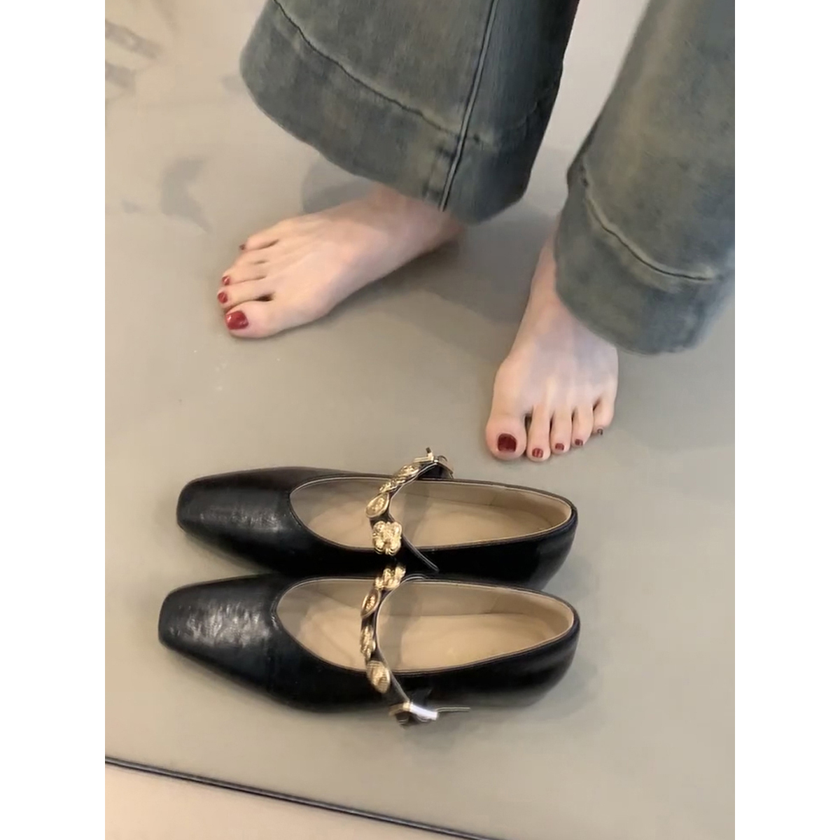 Square-Toed Height-Increasing Sheepskin Mary Jane Shoes with Metal Buckle - French Style Flats for Commuting