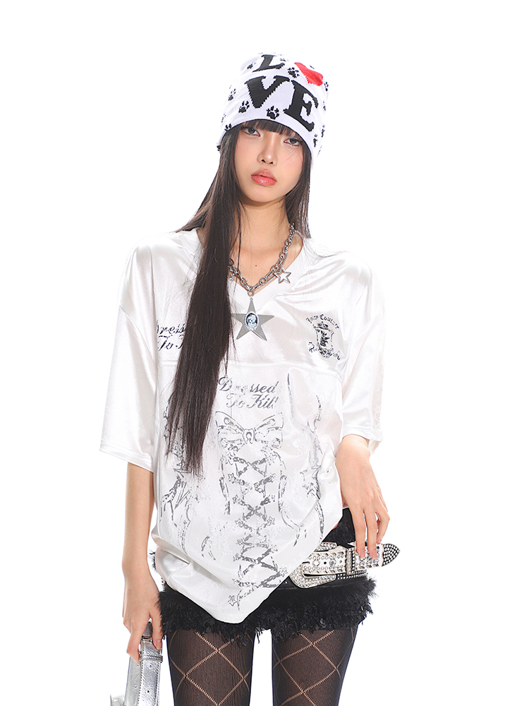Strap Printed Sweet and Spicy Punk Satin Short Sleeve T-Shirt for Women - Summer Sports Top, Y2K Style Fashion Tee
