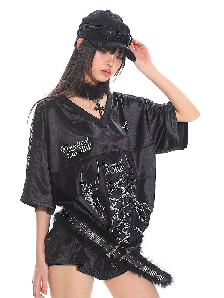 Strap Printed Sweet and Spicy Punk Satin Short Sleeve T-Shirt for Women - Summer Sports Top, Y2K Style Fashion Tee