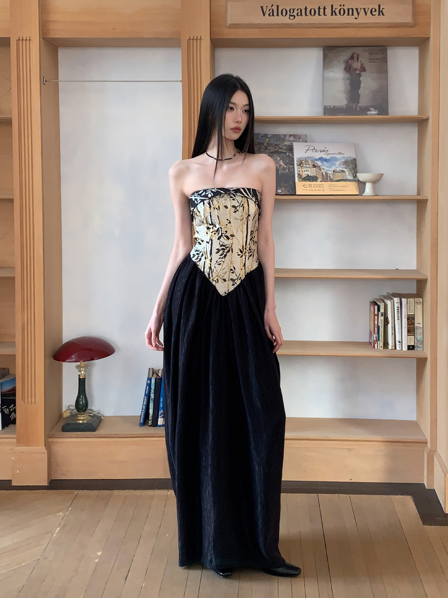 Strapless Chinese Style Jacquard Dress with Bamboo Pattern, Color Block Splicing Vase Skirt, Spring Summer 2025 Fashion for Women